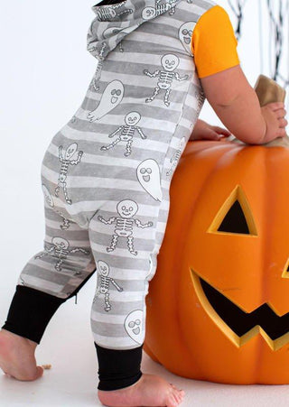 Boy's Bamboo Hooded Zipper Romper - Georgie (Stripes with Ghosts and Skeleton) Glow-in-the-Dark Baby One-Pieces