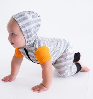 Boy's Bamboo Hooded Zipper Romper - Georgie (Stripes with Ghosts and Skeleton) Glow-in-the-Dark Baby One-Pieces