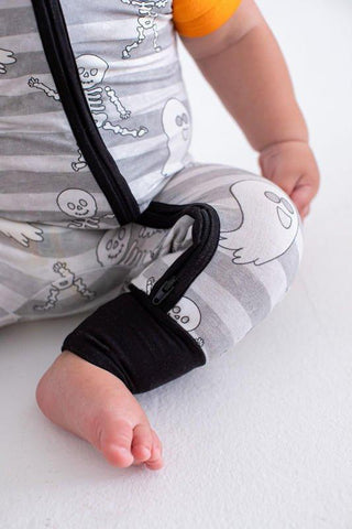 Boy's Bamboo Hooded Zipper Romper - Georgie (Stripes with Ghosts and Skeleton) Glow-in-the-Dark Baby One-Pieces
