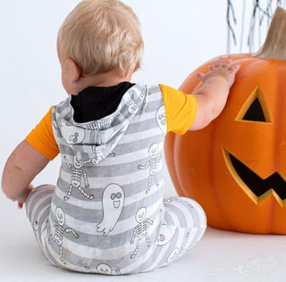 Boy's Bamboo Hooded Zipper Romper - Georgie (Stripes with Ghosts and Skeleton) Glow-in-the-Dark Baby One-Pieces
