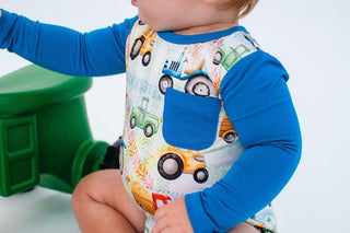 Boy's Bamboo Long Sleeve T-Shirt Bubble Romper - Billy (Trucks and Tractors) Baby One-Pieces