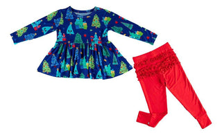 Girl's Bamboo Long Sleeve Peplum Top and Pants Outfit Set - Kevin (Christmas Trees) Baby & Toddler Outfits