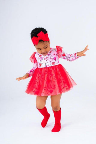 Girl's Bamboo Long Sleeve Tulle Twirl Bodysuit Dress - Amara (Heart Balloons) Baby & Toddler Dresses