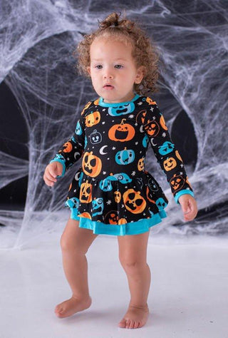 Girl's Bamboo Long Sleeve Twirl Bodysuit Dress - Dex (Jack O'Lanterns) Glow-in-the-Dark Baby & Toddler Dresses