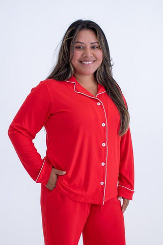 Women's Solid Bamboo Long Sleeve Lounge Pajama Set - Scarlet Ribbed Pajamas