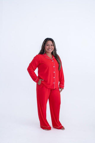 Women's Solid Bamboo Long Sleeve Lounge Pajama Set - Scarlet Ribbed Pajamas