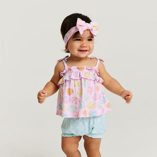 Bamboo Bow Strap Ruffle Top & Bloomer Set - Shelly Pink (Seashells) Posh Peanut Size: 3-6 Months