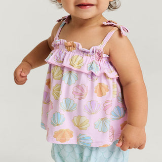 Bamboo Bow Strap Ruffle Top & Bloomer Set - Shelly Pink (Seashells) Posh Peanut Size: 3-6 Months