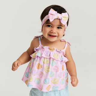 Bamboo Bow Strap Ruffle Top & Bloomer Set - Shelly Pink (Seashells) Posh Peanut Size: 3-6 Months