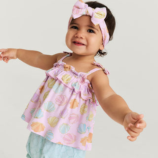 Bamboo Bow Strap Ruffle Top & Bloomer Set - Shelly Pink (Seashells) Posh Peanut Size: 3-6 Months