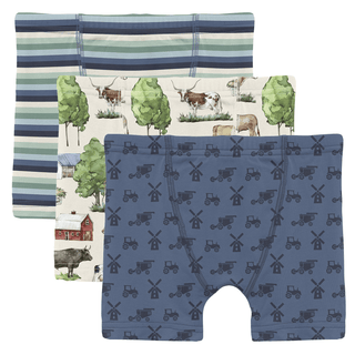 Bamboo Boxer Briefs (Set of 3) - Natural Grazing Cows, Denim Stripe & Denim Tractors & Windmills KicKee Pants Size: 2T-3T
