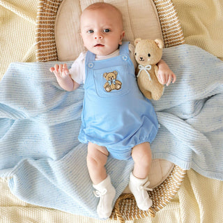 French Terry Overall Bubble Romper - Baby Bear Blue