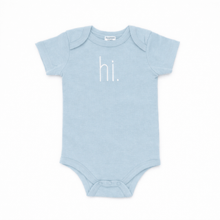 Hi. Embroidered Surf Blue Cotton Knit Onesie for Baby Huggalugs Size: 0-3 months