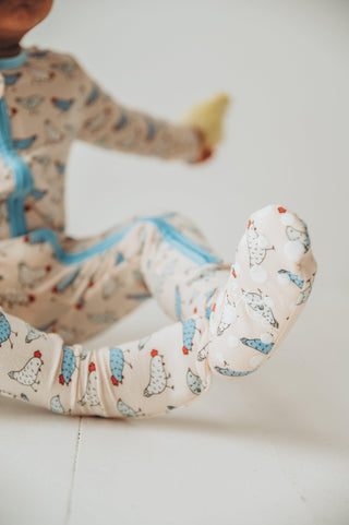 Bamboo Footie with 2-Way Zipper - Latte Chickens