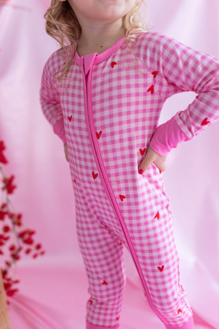 Bamboo Convertible Footie Romper - Be Mine Gingham In My Jammers Size: 0-3 Months