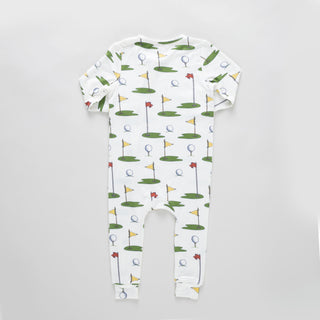 Bamboo Convertible Footie Romper - Cream Golf Tournament Pink Chicken Size: 0-3 Months