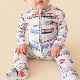 Bamboo Convertible Footie Romper - Landon (Trains) Posh Peanut Size: 0-3 Months