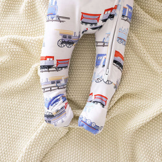 Bamboo Convertible Footie Romper - Landon (Trains) Posh Peanut Size: 0-3 Months