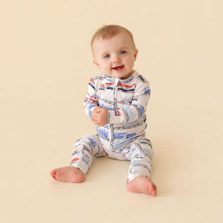 Bamboo Convertible Footie Romper - Landon (Trains) Posh Peanut Size: 0-3 Months