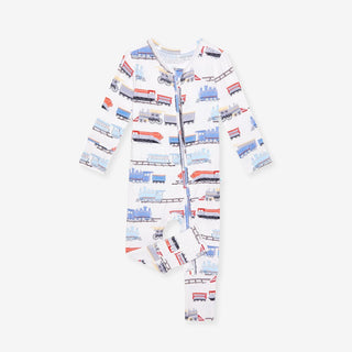Bamboo Convertible Footie Romper - Landon (Trains) Posh Peanut Size: 0-3 Months
