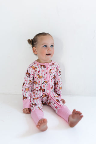 Bamboo Convertible Footie Romper - Pink Pony In My Jammers Size: 0-3 Months