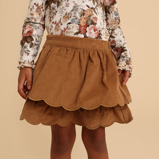 Cotton Corduroy Scalloped Tiered Skirt - Camel (Solid Brown)