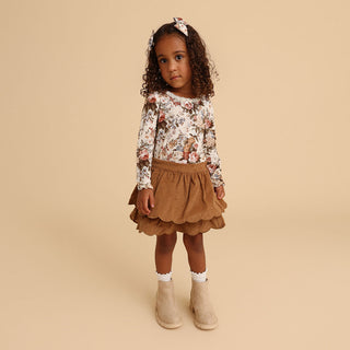 Cotton Corduroy Scalloped Tiered Skirt - Camel (Solid Brown)