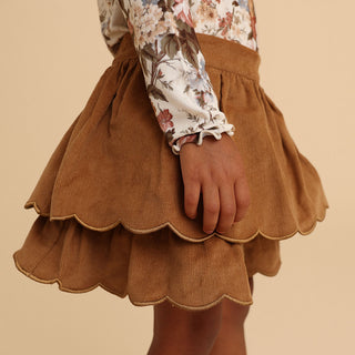 Cotton Corduroy Scalloped Tiered Skirt - Camel (Solid Brown)