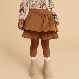 Cotton Corduroy Scalloped Tiered Skirt - Camel (Solid Brown)