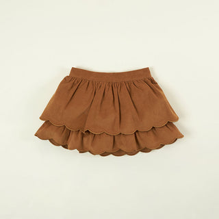 Cotton Corduroy Scalloped Tiered Skirt - Camel (Solid Brown)