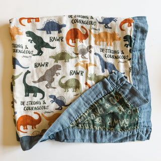 Dinosaurs "Be Strong and Courageous" Muslin Blanket The Little Rose Shop