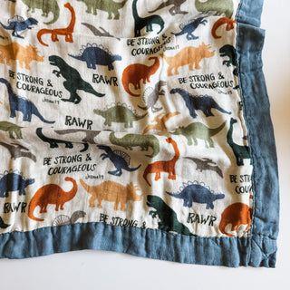 Dinosaurs "Be Strong and Courageous" Muslin Blanket The Little Rose Shop
