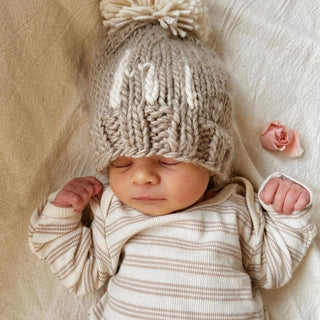Hi. Pebble Brown Hand Knit Beanie Hat for Baby Huggalugs Size: XS (newborn)