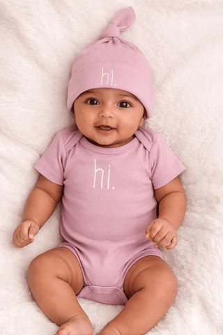 Hi. Embroidered Rosy Pink Cotton Knit Onesie for Baby Huggalugs Size: 0-3 months