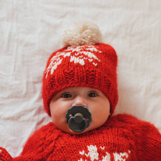 Red Snowflake Beanie Hat Huggalugs Size: S (0-6 months)