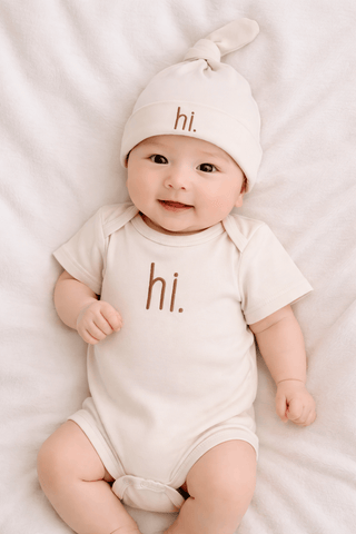 Hi. Embroidered Pecan Cotton Knit Onesie for Baby Huggalugs Size: 0-3 months