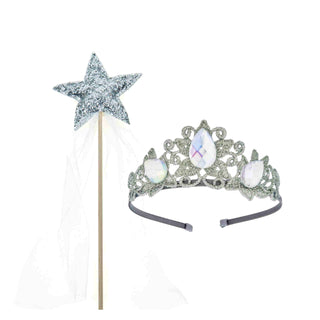 Bailey and Ava Raven Princess Crown and Wand Set - Silver & Ivory | Baby Riddle