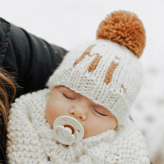 Hi. Pecan Hand Knit Beanie Hat for Baby Huggalugs Size: XS (newborn)
