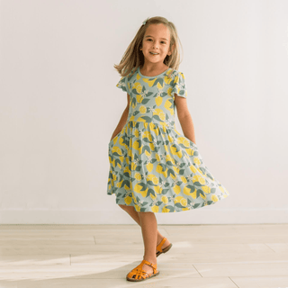 Bamboo Flutter Sleeve Twirl Dress with Pockets - Spring Sky Lemonade