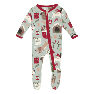 Bamboo Footie with 2-Way Zipper - Aloe Christmas Dogs KicKee Pants Size: Newborn