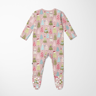Bamboo Footie with 2-Way Zipper - Baby Rose Cute Trees