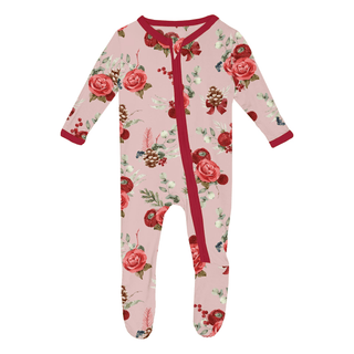 Bamboo Footie with 2-Way Zipper - Baby Rose Holiday Floral KicKee Pants Size: 0-3 Months
