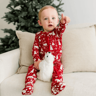 Bamboo Footie with 2-Way Zipper - Crimson Polar Bear