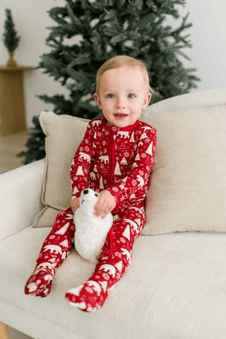 Bamboo Footie with 2-Way Zipper - Crimson Polar Bear