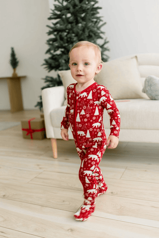 Bamboo Footie with 2-Way Zipper - Crimson Polar Bear