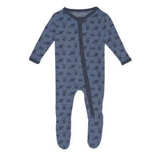 Bamboo Footie with 2-Way Zipper - Denim Tractors & Windmills KicKee Pants Size: 0-3 Months