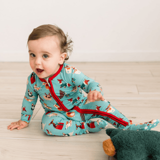 Bamboo Footie with 2-Way Zipper - Glacier Christmas Dogs
