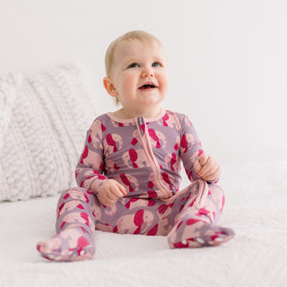 Bamboo Footie with 2-Way Zipper - Lavender Pink Elephants KicKee Pants