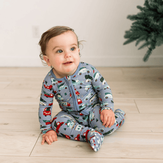 Bamboo Footie with 2-Way Zipper - Moonlight Christmas Cars and Trucks