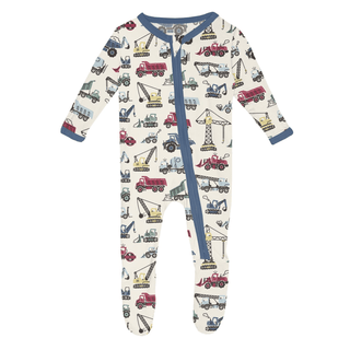 Bamboo Footie with 2-Way Zipper - Natural Construction Trucks KicKee Pants Size: 0-3 Months